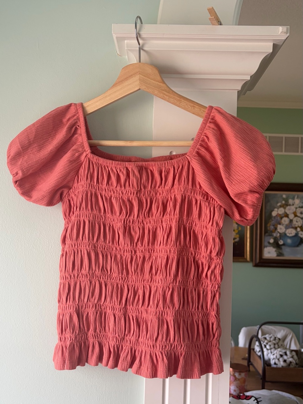 Old Navy Coral Pink Smocked Puff Sleeve Crop Top